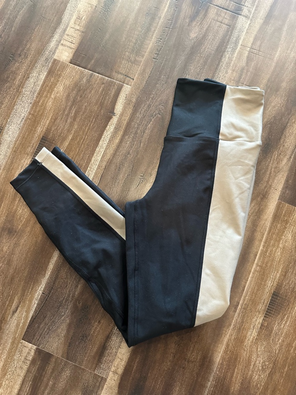 High-Rise Black Leggings with Taupe Side Panels